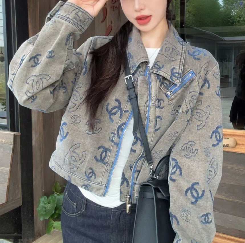 CHA Women's New Winter Chic‑Style Cropped Vintage Denim Jacket with All‑Over Logo Print PD0426082706