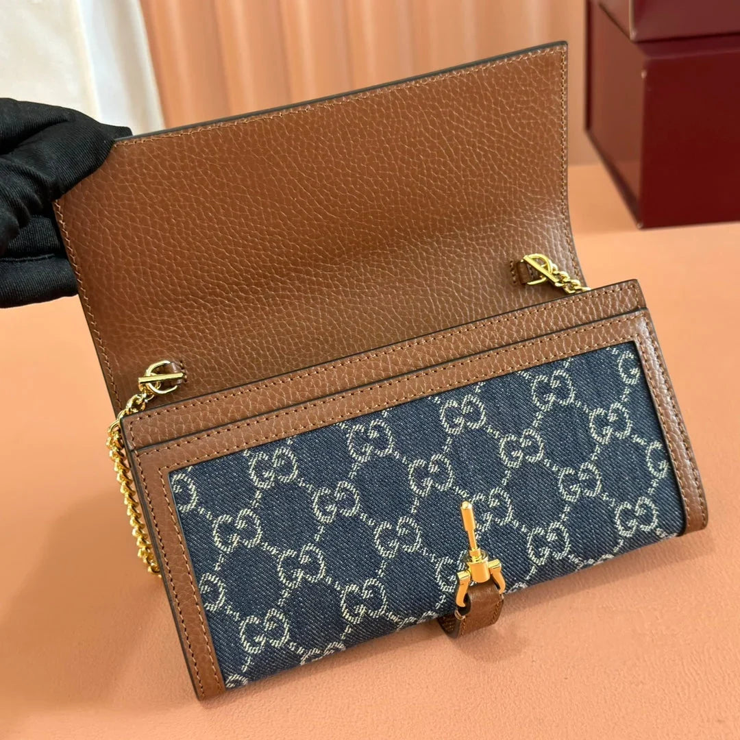 GG  Jackie Chain Wallet Blue Brown Canvas Leather 255173