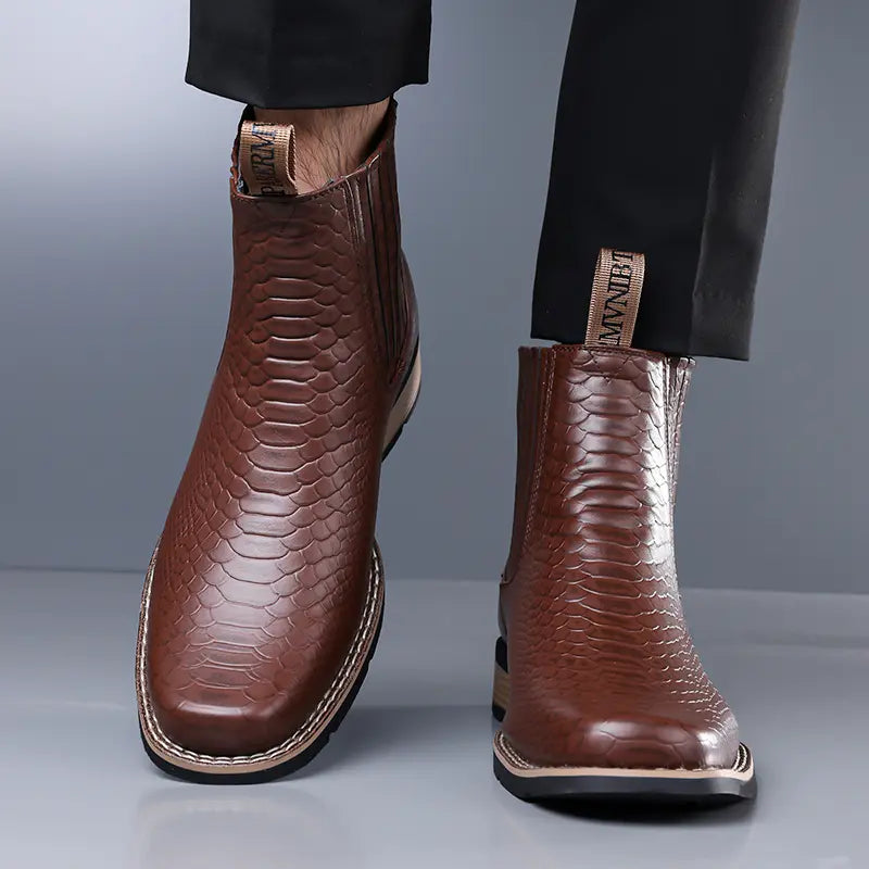 Crocodile patterned leather boots Full upper snake scale embossing+elastic elastic band, matched with a suit atmosphere to create a full effect,sohochic