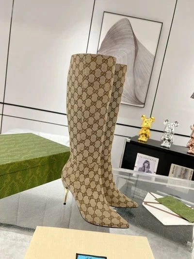GG 2026 High-Heeled Boot Beige Canvas Leather 953419