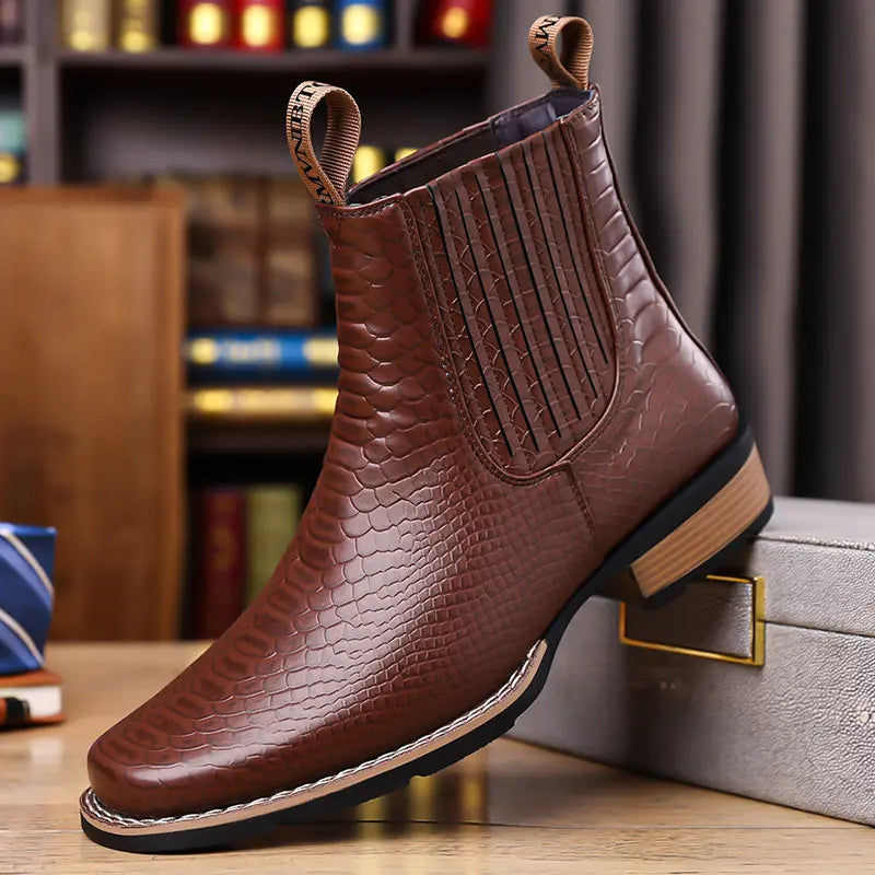 Crocodile patterned leather boots Full upper snake scale embossing+elastic elastic band, matched with a suit atmosphere to create a full effect,sohochic