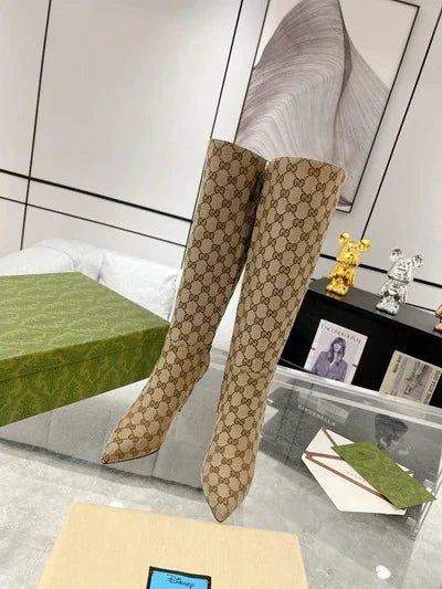 GG 2026 High-Heeled Boot Beige Canvas Leather 953419