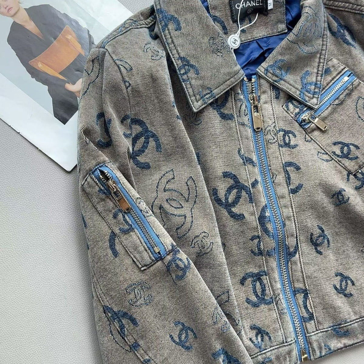 CHA Women's New Winter Chic‑Style Cropped Vintage Denim Jacket with All‑Over Logo Print PD0426082706