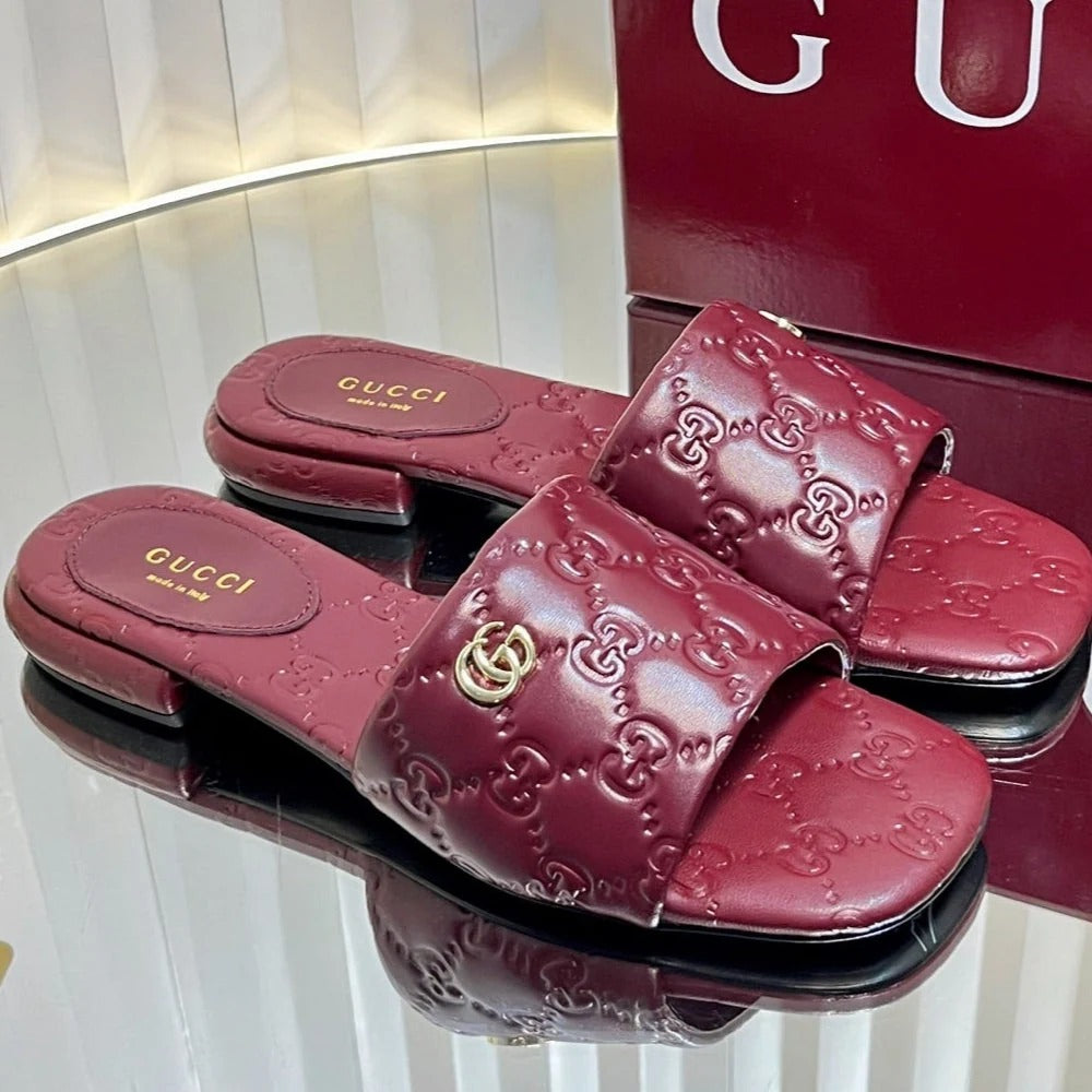 GC Double G Slide Sandals Embossed Leather 294636