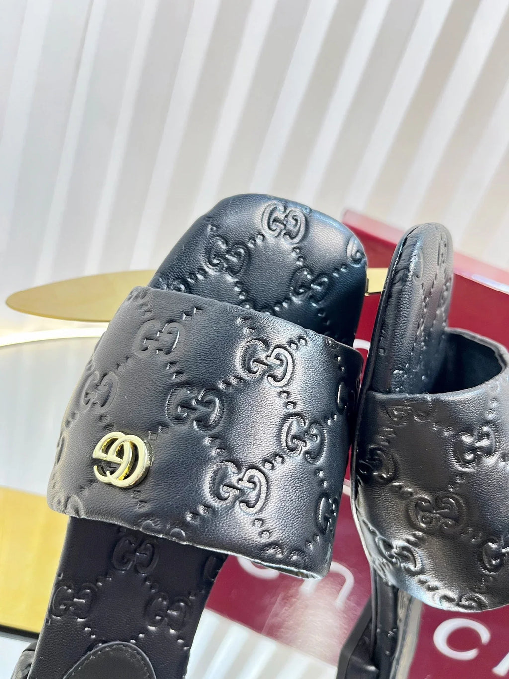 GC Double G Slide Sandals Embossed Leather 294636