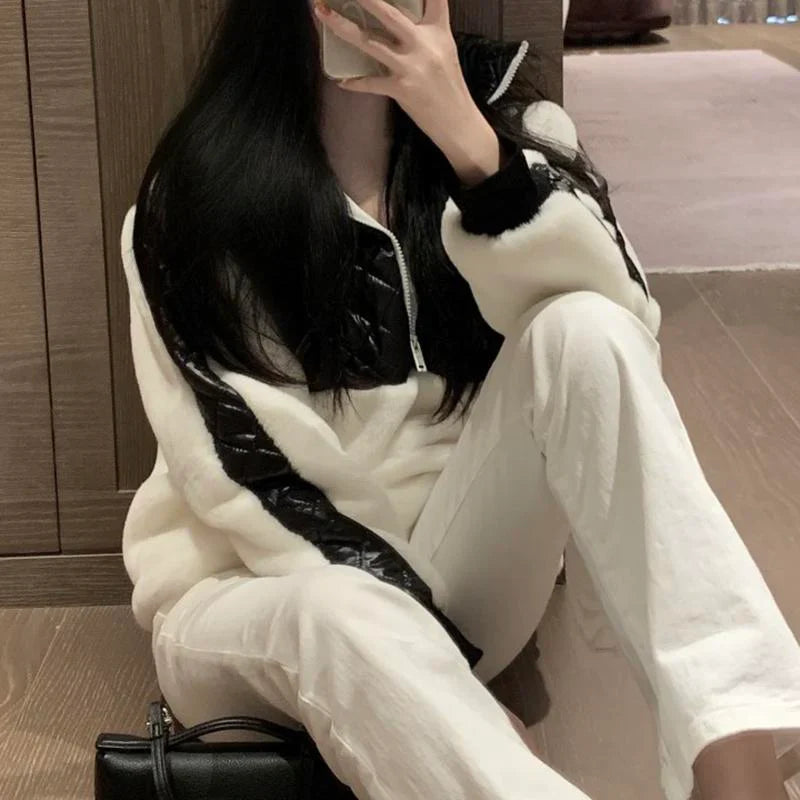 Fashion and versatile contrasting color plush sweater jacket 1023112920