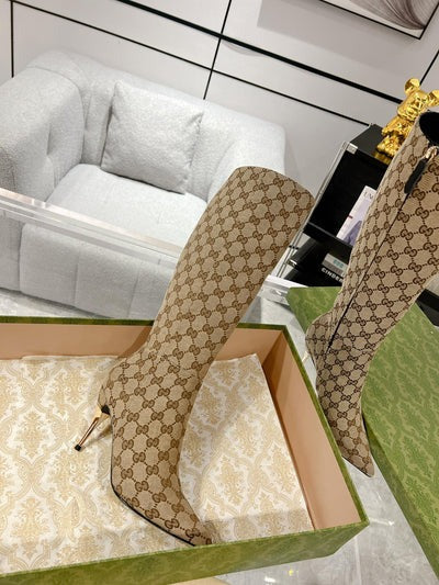 GG 2026 High-Heeled Boot Beige Canvas Leather 953419