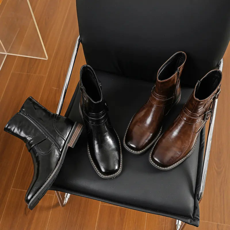 Men's Western Style Retro Ankle Boots – Buckle Detail & Embossed Leather Look
