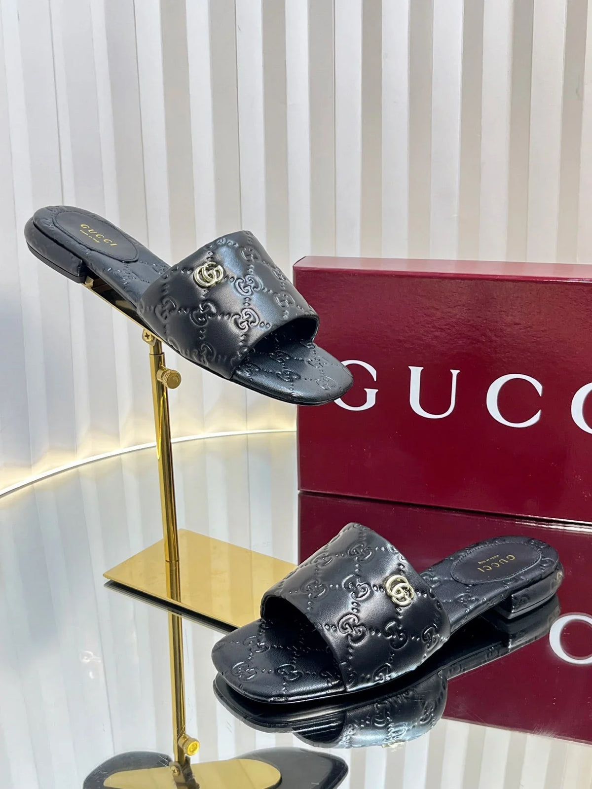 GC Double G Slide Sandals Embossed Leather 294636