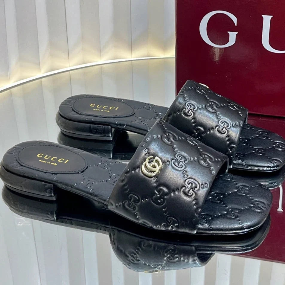 GC Double G Slide Sandals Embossed Leather 294636