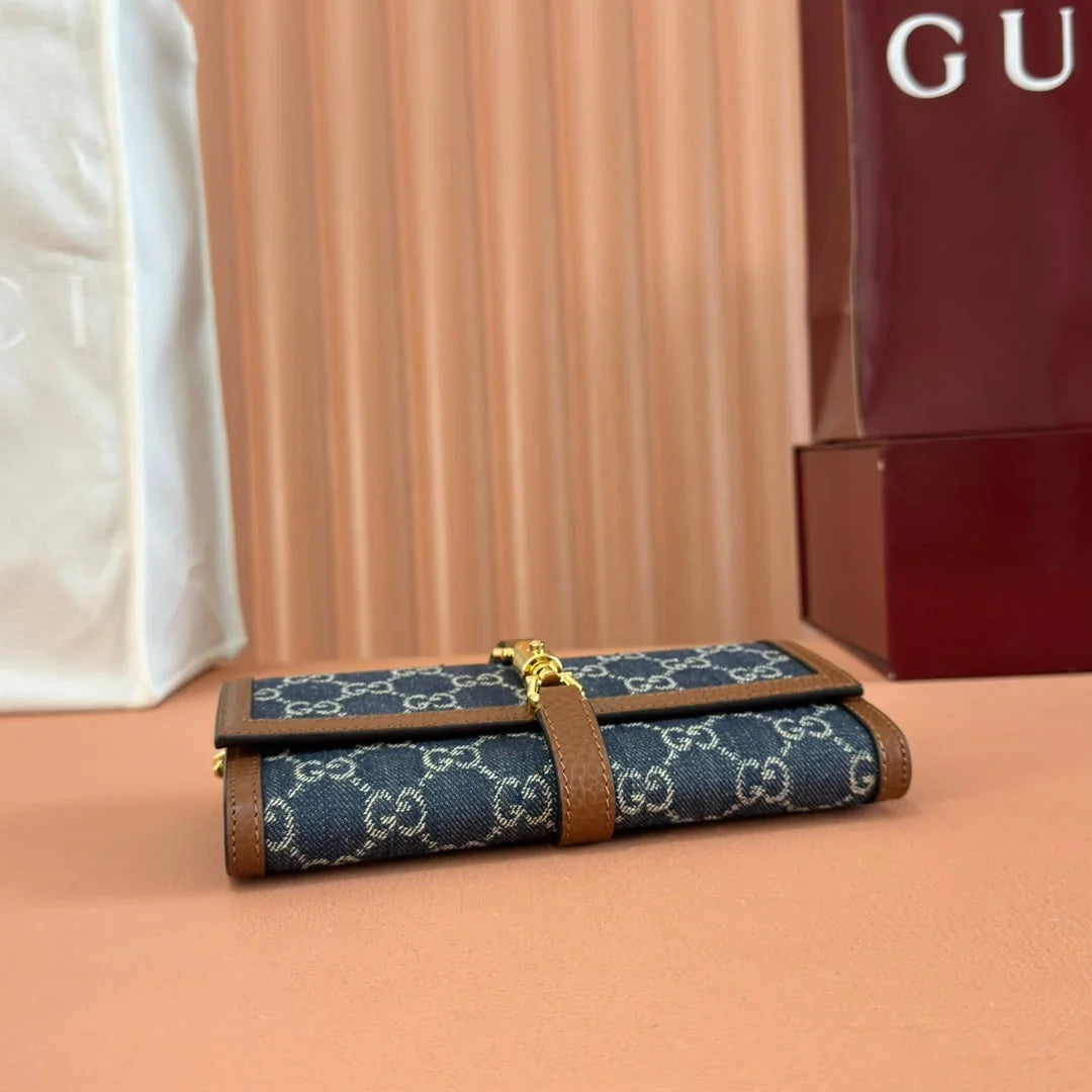 GG  Jackie Chain Wallet Blue Brown Canvas Leather 255173