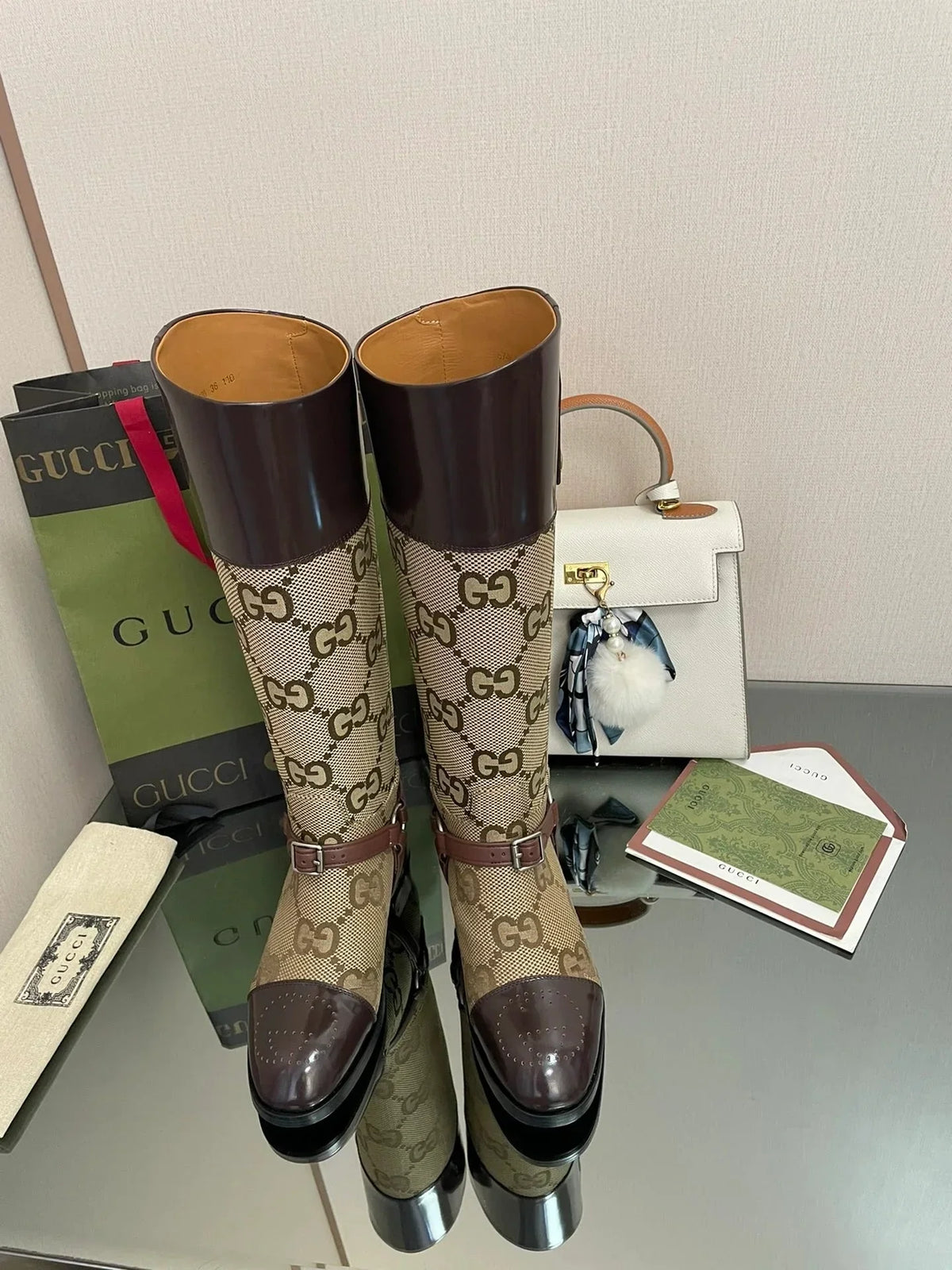 GG  2026 Boot Brown mix Beige Canvas Leather 911944