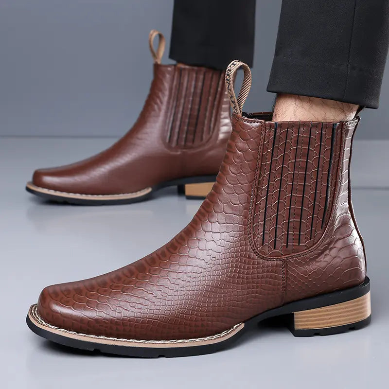 Crocodile patterned leather boots Full upper snake scale embossing+elastic elastic band, matched with a suit atmosphere to create a full effect,sohochic