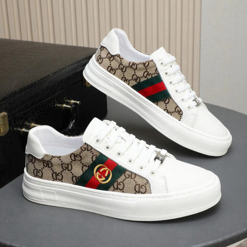 GG Men's Ace Sneaker Brown White Print Fabric 522633