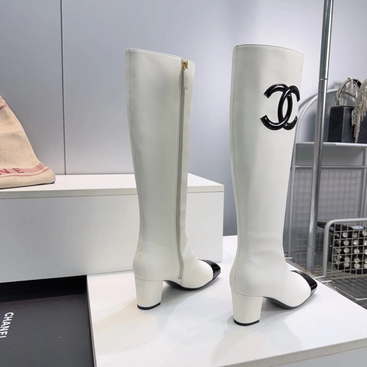 CC 26s Cap-Toe Knee-High Boots 4.5cm White Stretch Lambskin 966843