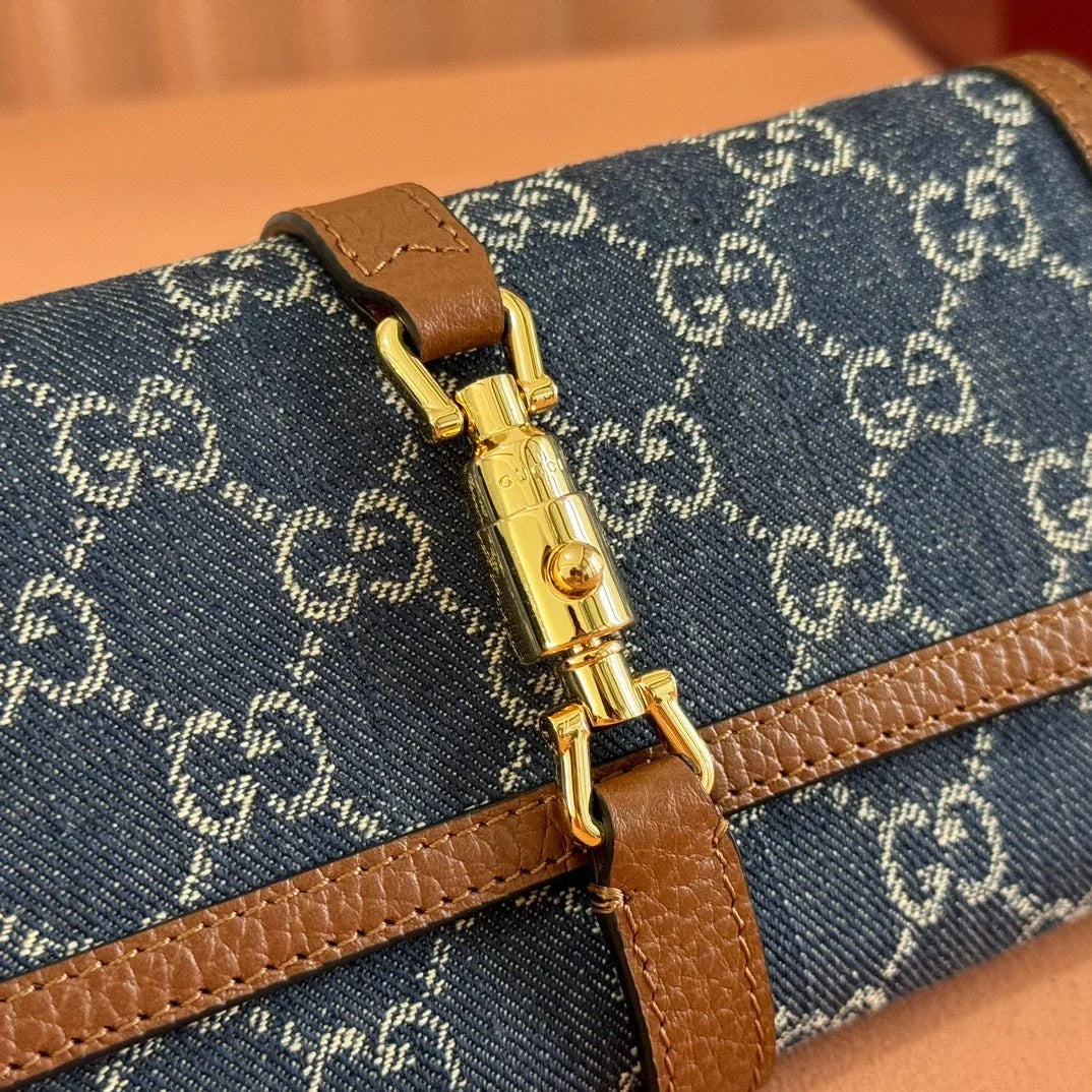 GG  Jackie Chain Wallet Blue Brown Canvas Leather 255173
