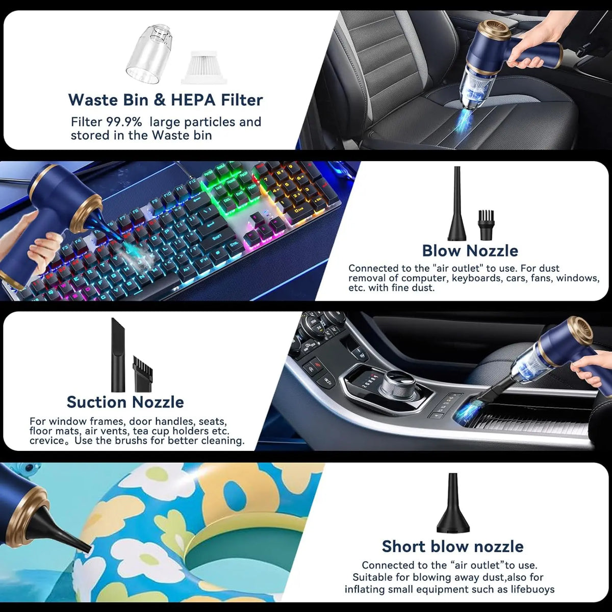 Handheld Car Vacuum Cleaner, 1900OPa VacuumCleaner and Air Gun, 120W High-Power Wireless HandheldCar Vacuum Cleaner, equipped with two filters and multiplenozzles,suitable for cars, homes, offices, and pets.