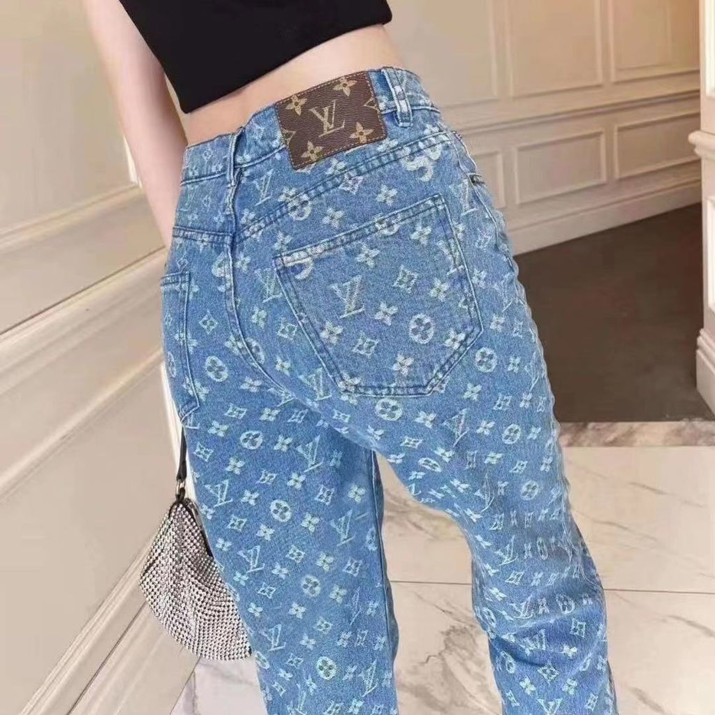 Blue Fashion V Logo Handmade Women's Jeans-1688-0426012001