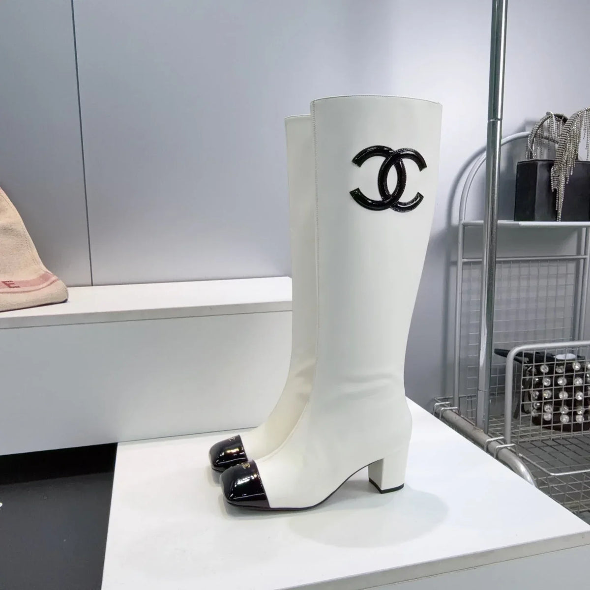 CC 26s Cap-Toe Knee-High Boots 4.5cm White Stretch Lambskin 966843