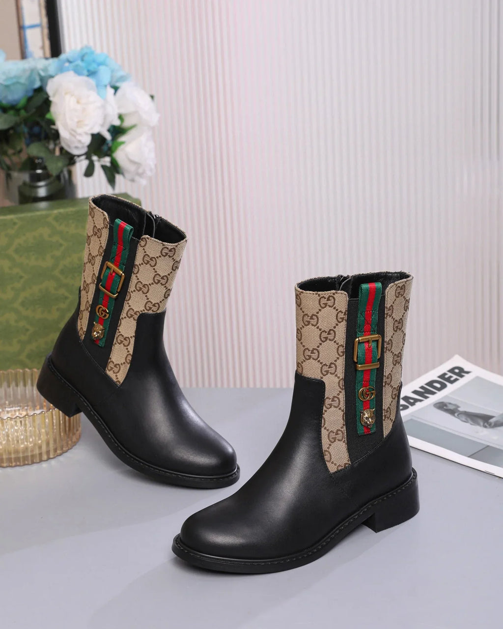 GG Boots Black and Beige Cowhide Canvas