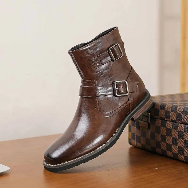 Men's Western Style Retro Ankle Boots – Buckle Detail & Embossed Leather Look