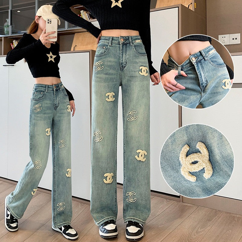 CHA Embroidered Flocked Jeans – High Waist PD0426082702