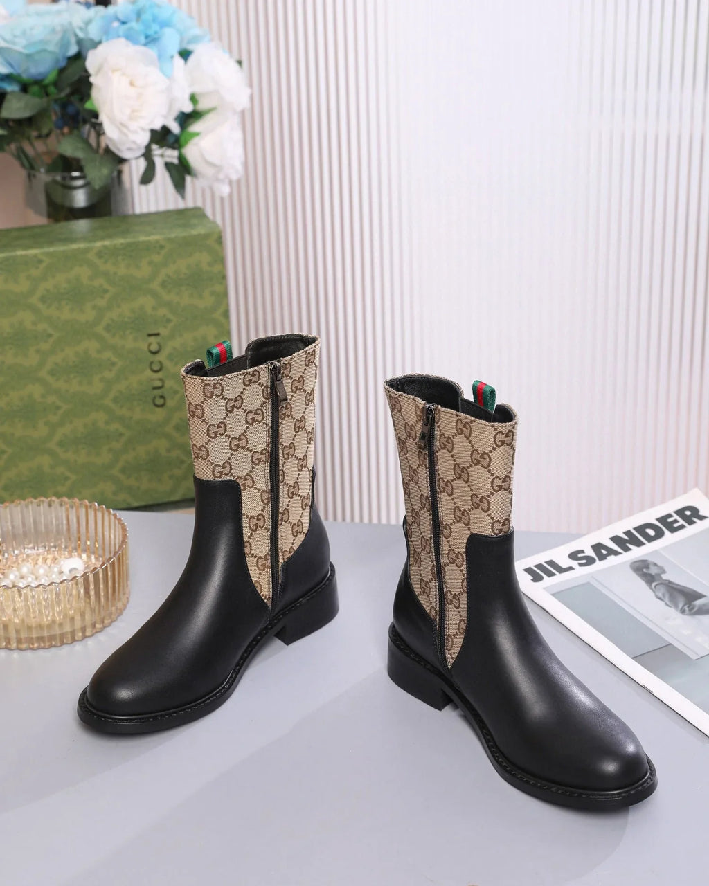GG Boots Black and Beige Cowhide Canvas