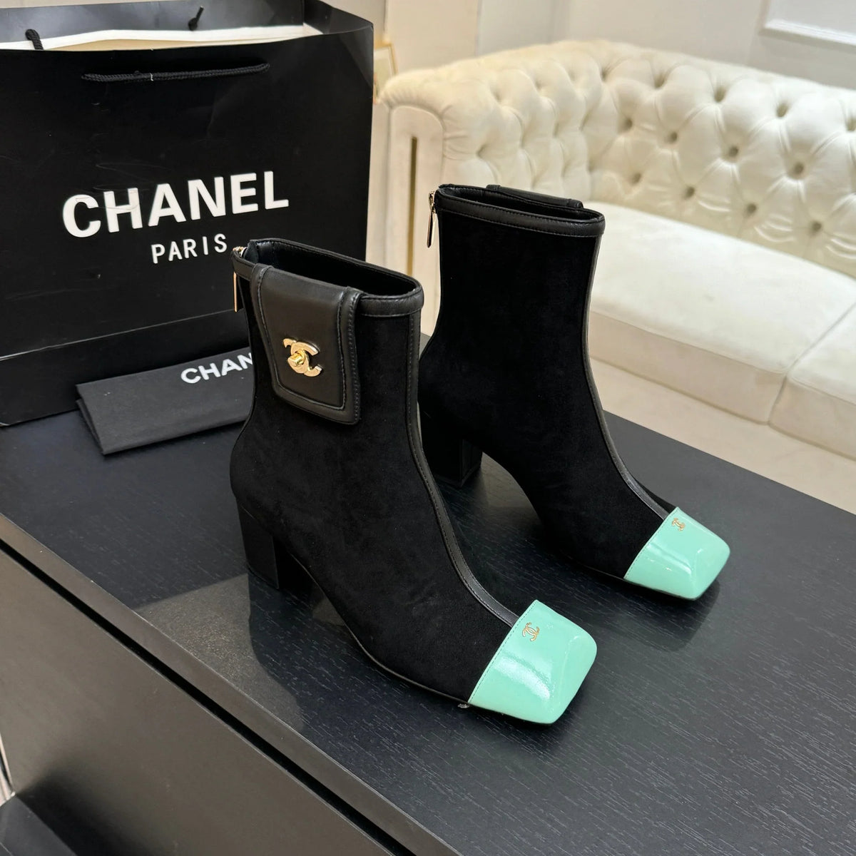 CC 26s Ankle Boots With Pocket Black Mint Green Suede Lambskin 958074