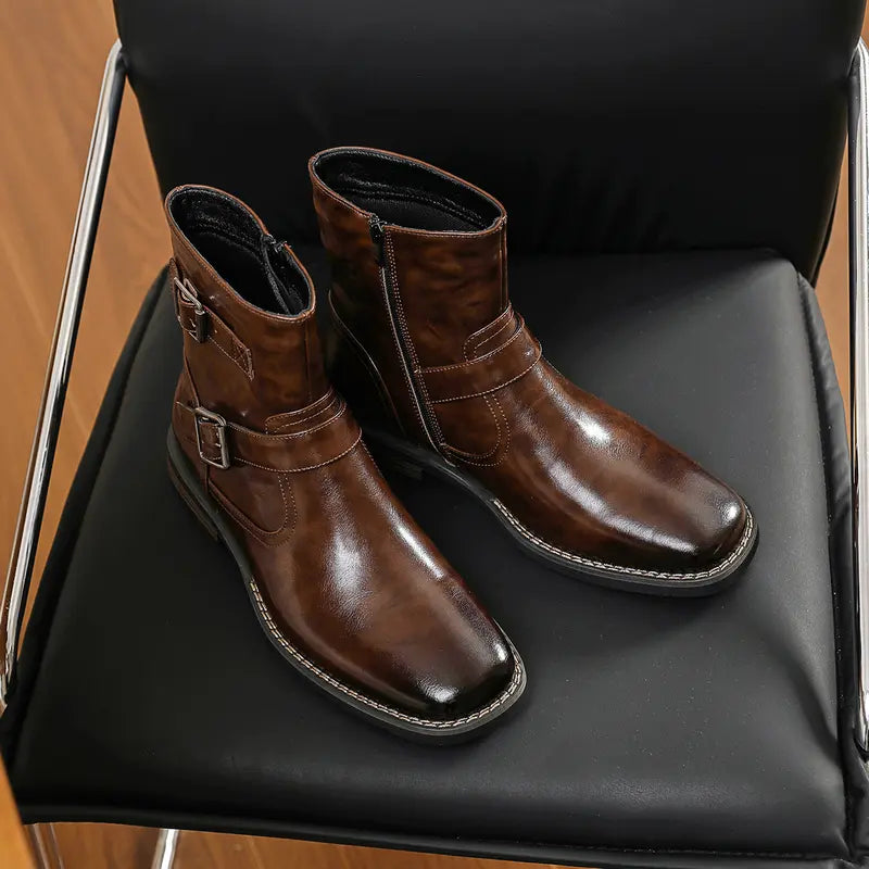 Men's Western Style Retro Ankle Boots – Buckle Detail & Embossed Leather Look