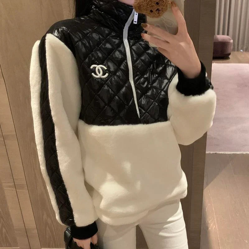 Fashion and versatile contrasting color plush sweater jacket 1023112920