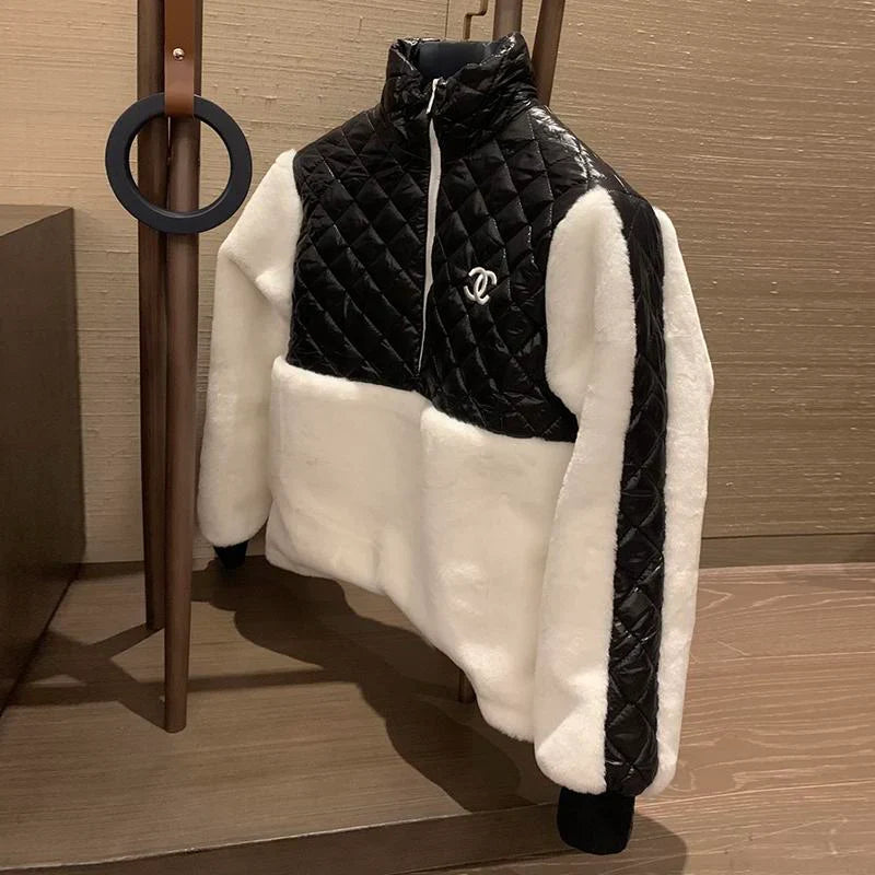 Fashion and versatile contrasting color plush sweater jacket 1023112920
