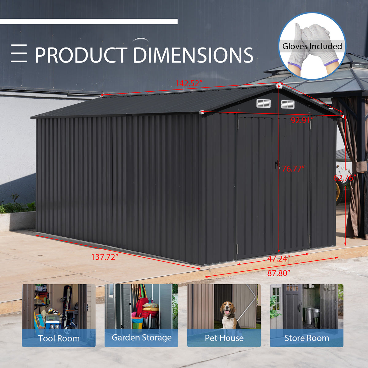 8'x 12' Outdoor Storage Shed Metal Garden Tool Shed for Backyard, Patio, Lawn, Black