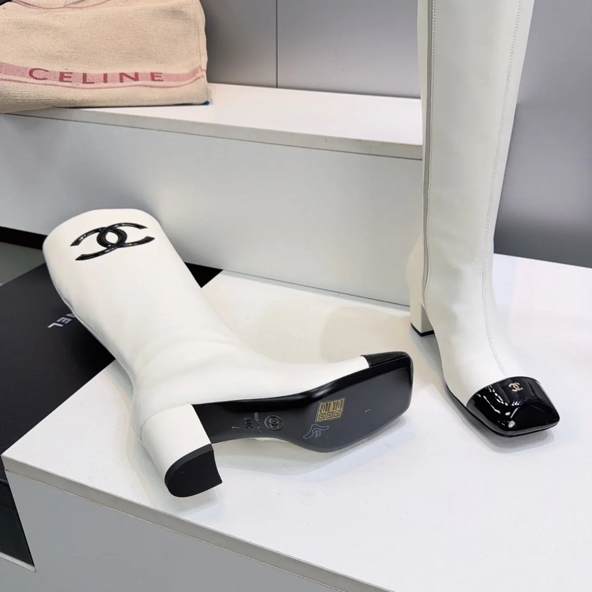 CC 26s Cap-Toe Knee-High Boots 4.5cm White Stretch Lambskin 966843