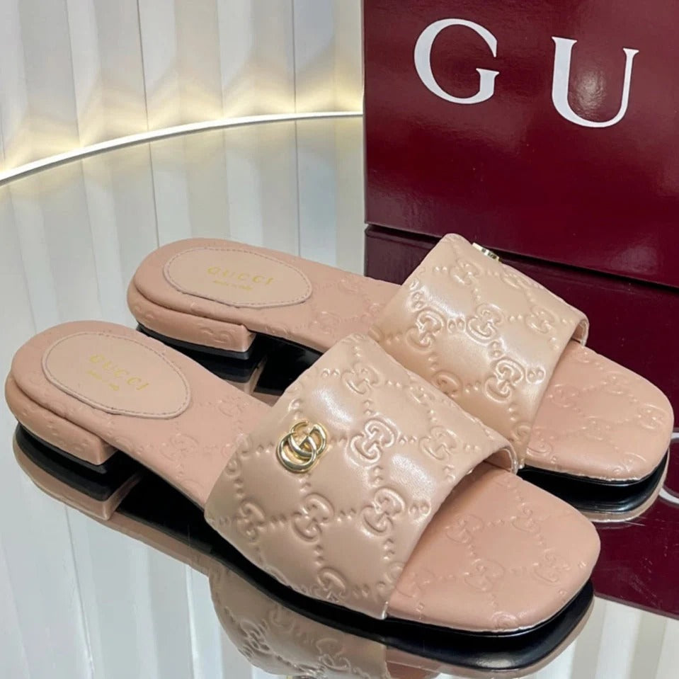 GC Double G Slide Sandals Embossed Leather 294636
