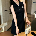 Fitted Knit Dress with Lapel Collar and Double C Emblem 1026052012