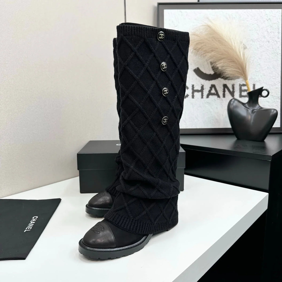CC 26s Diamond Knit Buttoned Long Boots Black Calfskin Knit 985770