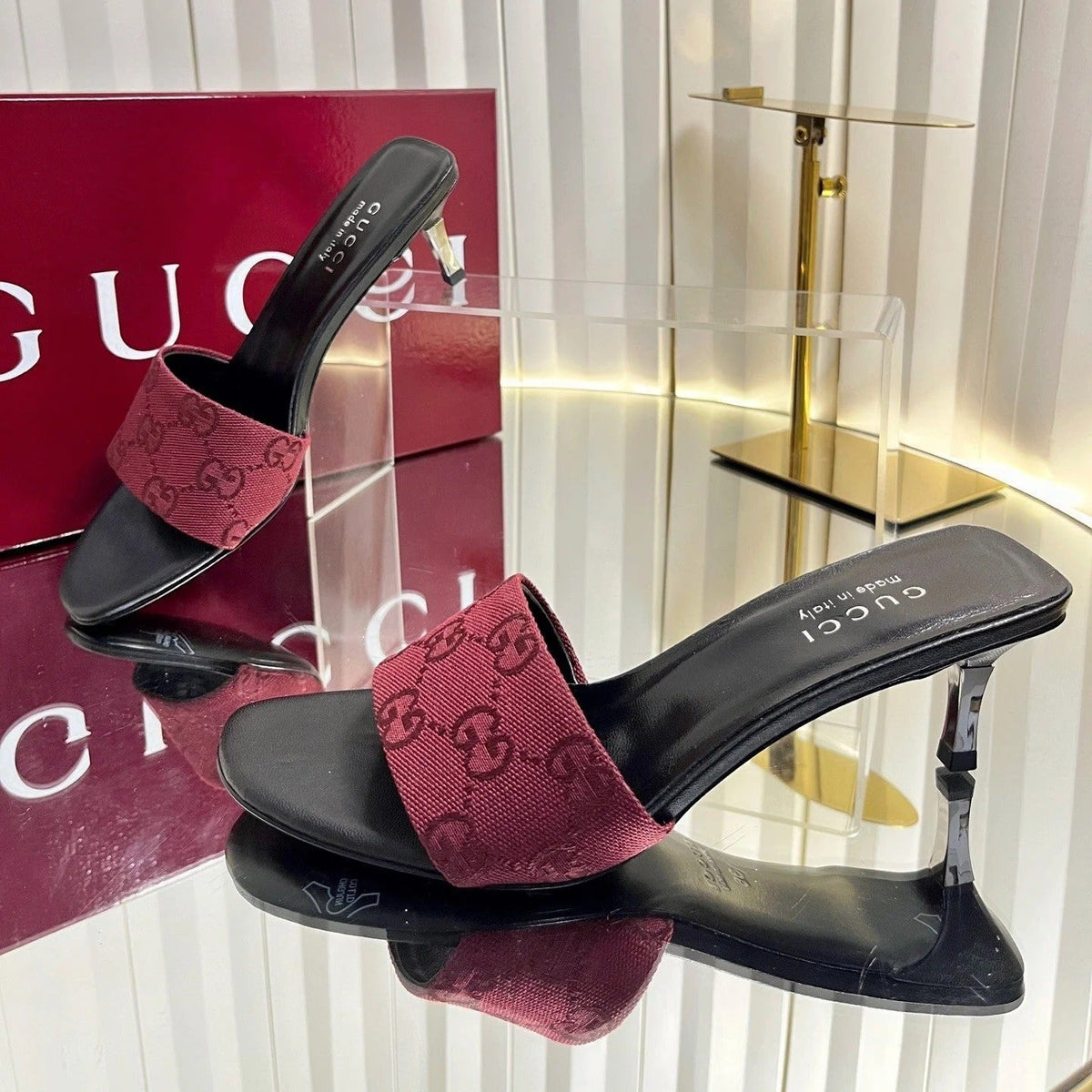 GG 26s Bombshell Crystal Sandal 5cm Black Beige Canvas Leather 768157