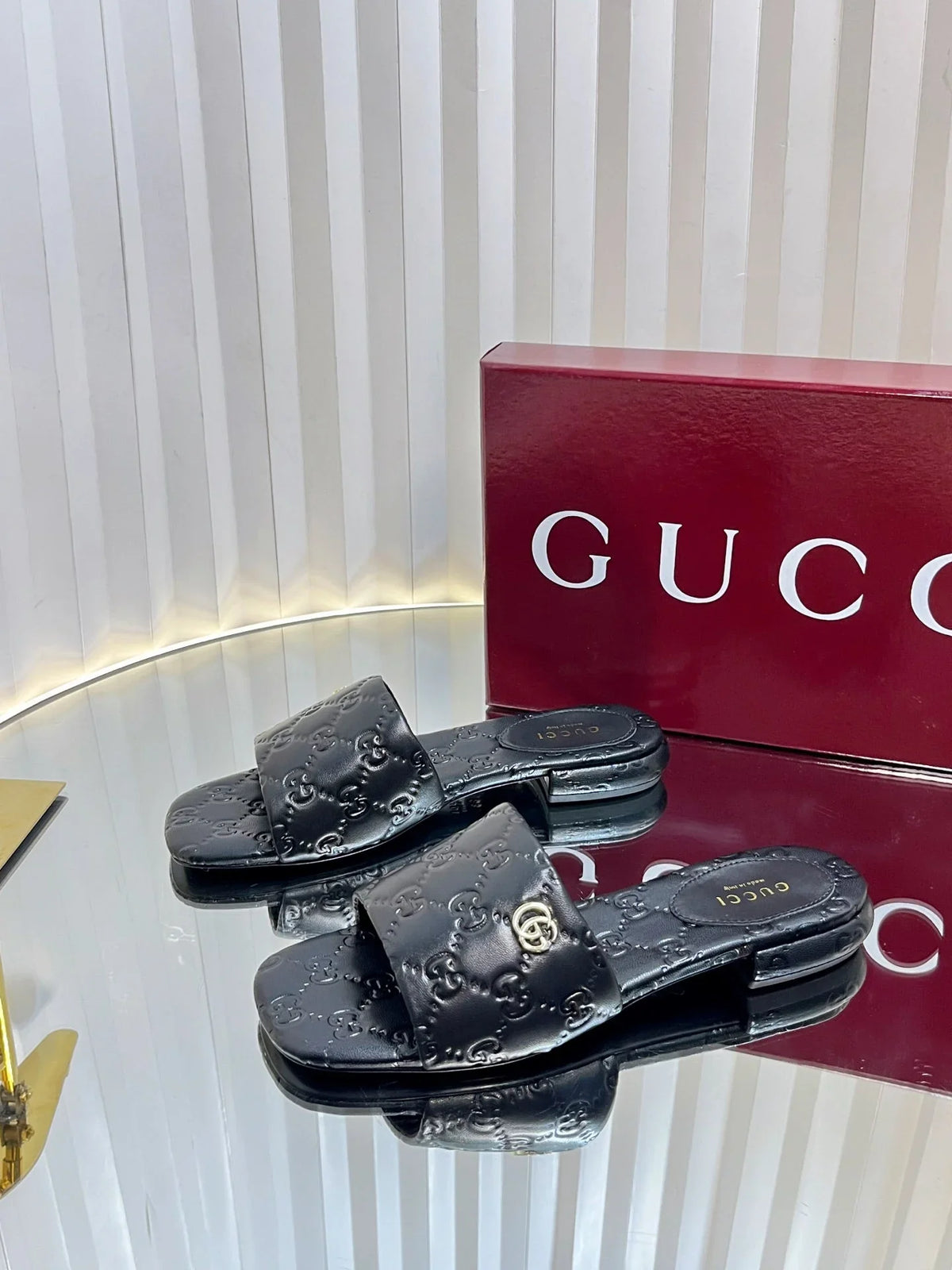 GC Double G Slide Sandals Embossed Leather 294636