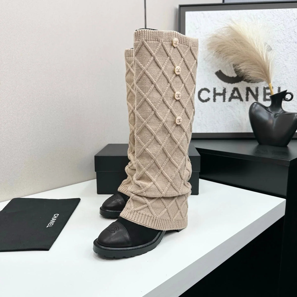 CC 26s Diamond Knit Buttoned Long Boots Black Beige Calfskin Knit 985769