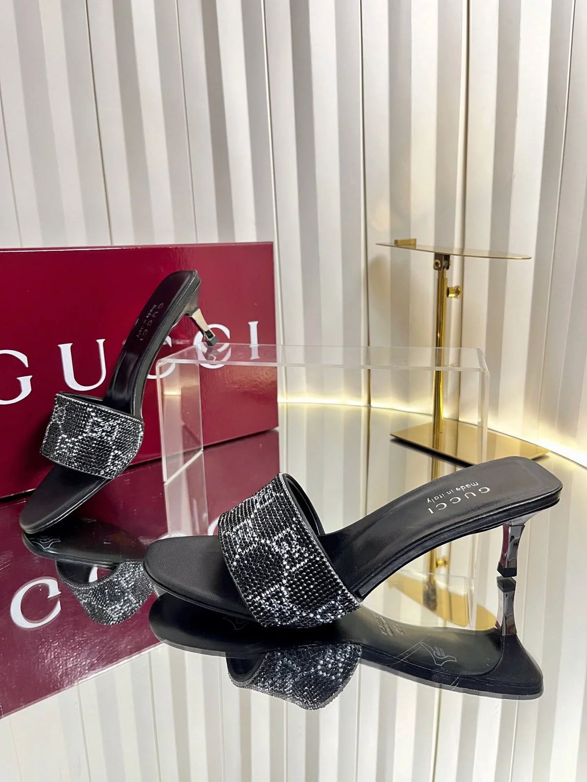 GG 26s Bombshell Crystal Sandal 5cm Black Mesh Leather 768159