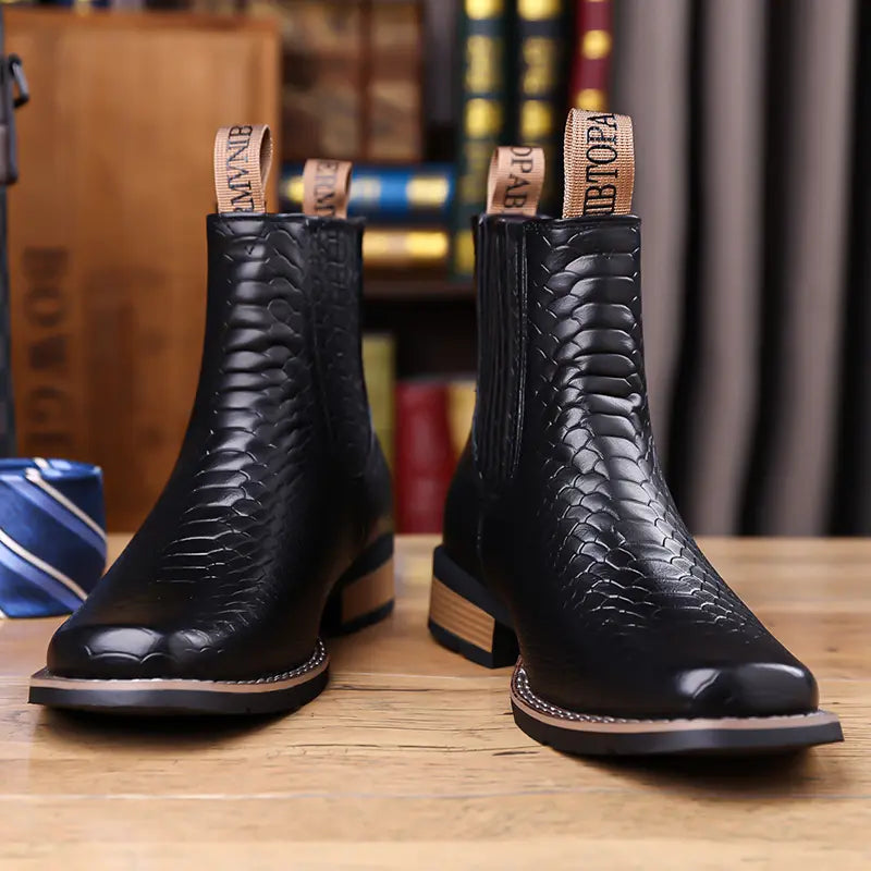 Crocodile patterned leather boots Full upper snake scale embossing+elastic elastic band, matched with a suit atmosphere to create a full effect,sohochic