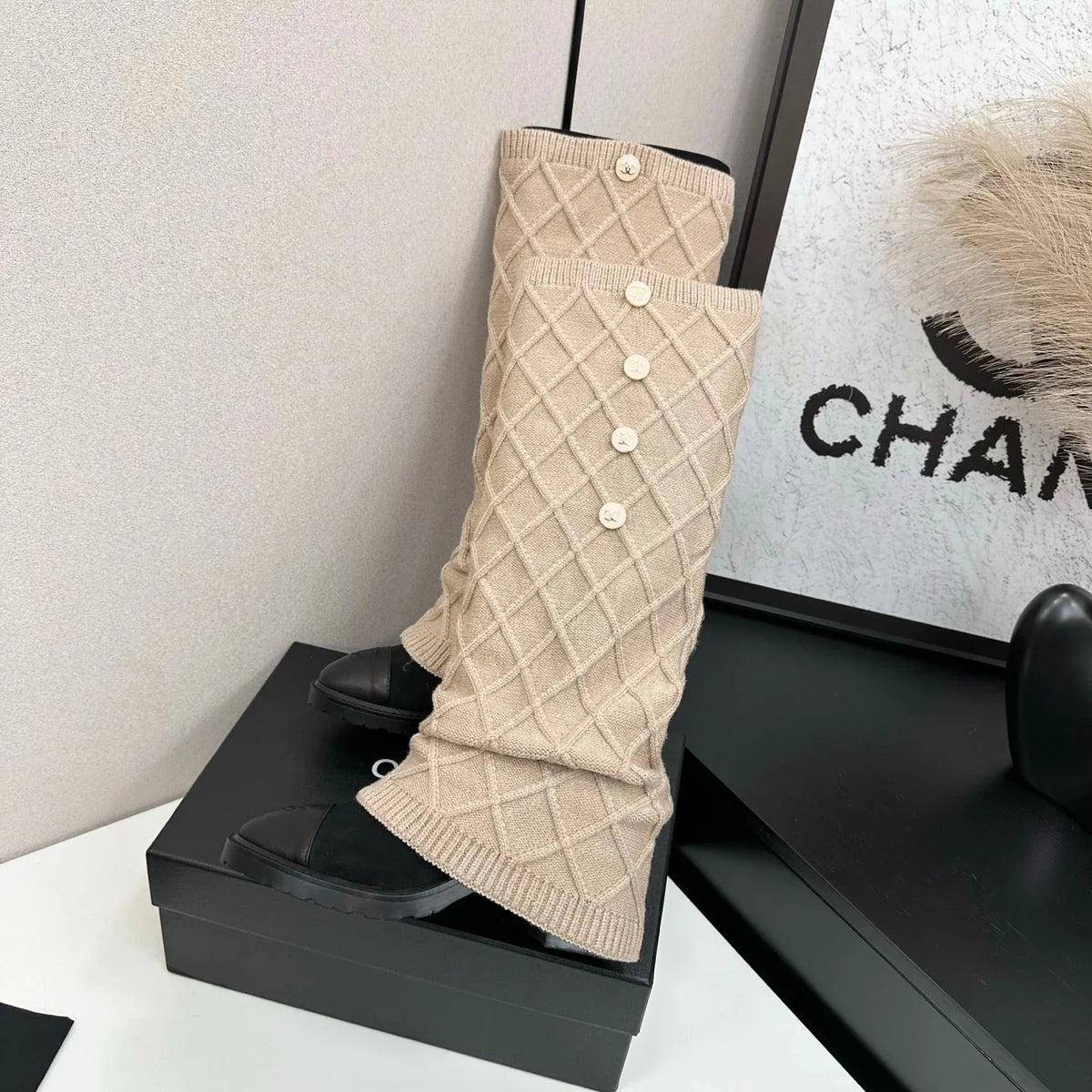 CC 26s Diamond Knit Buttoned Long Boots Black Beige Calfskin Knit 985769