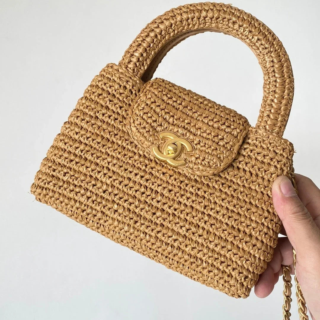 CHA  25 Bag 19cm Dark Beige Raffia