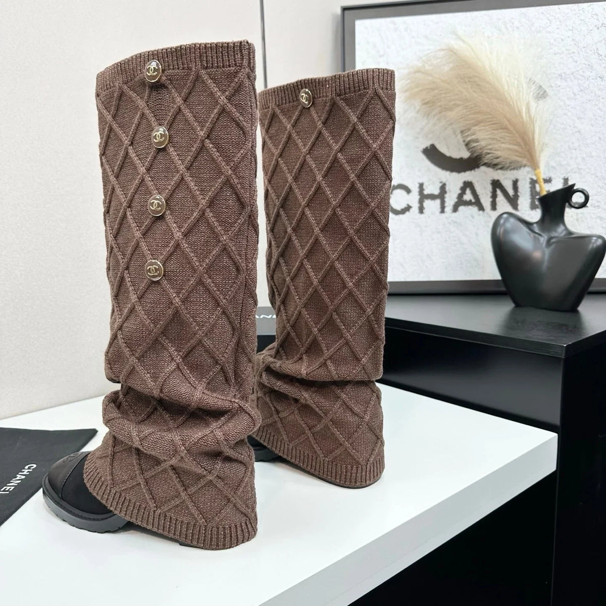 CC 26s Diamond Knit Buttoned Long Boots Black Dark Brown Calfskin Knit 985768
