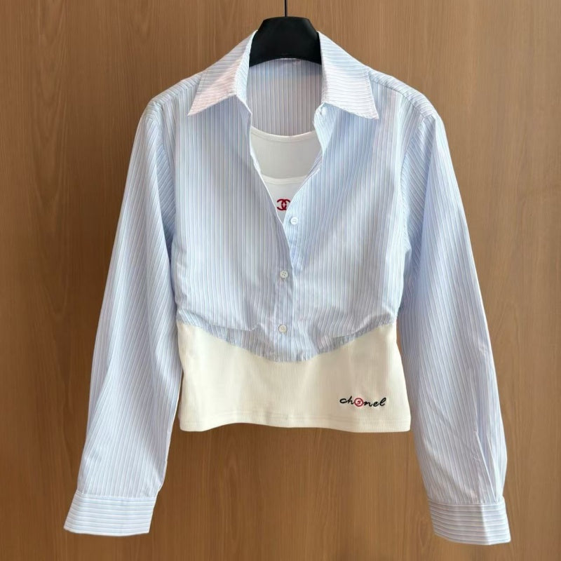 New Stylish Women's Fake Two-Piece Spliced Long Sleeve Shirt CQQ1326091713