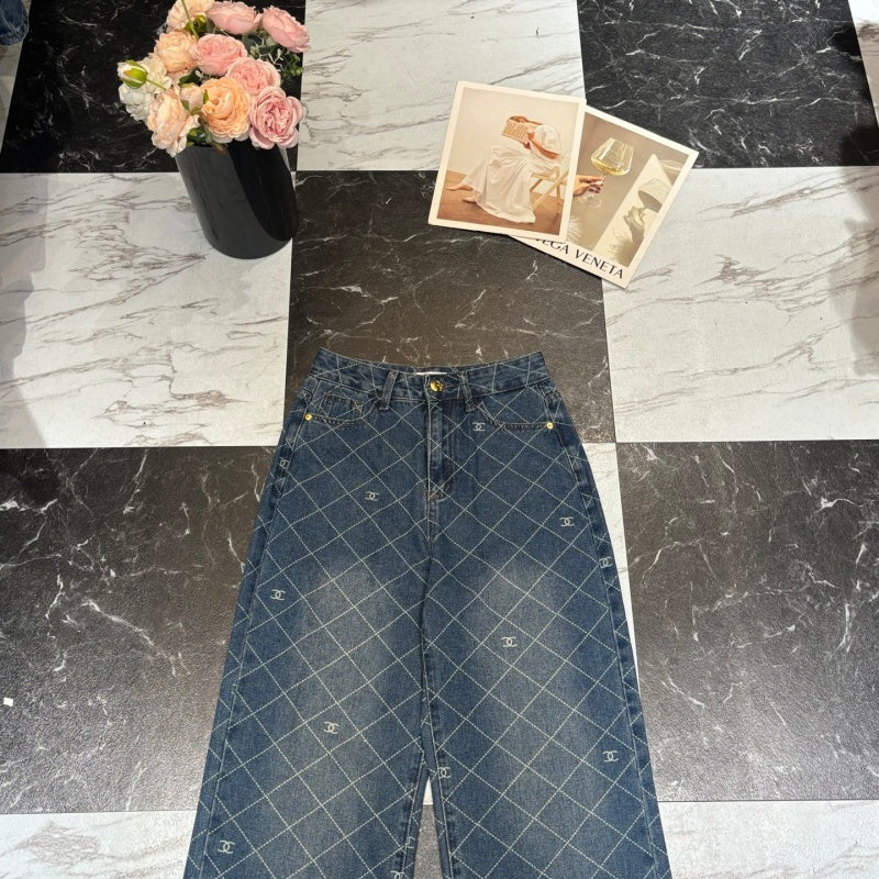 New Fashion Women CC Diamond Print Wide Leg Jeans DM1326091812