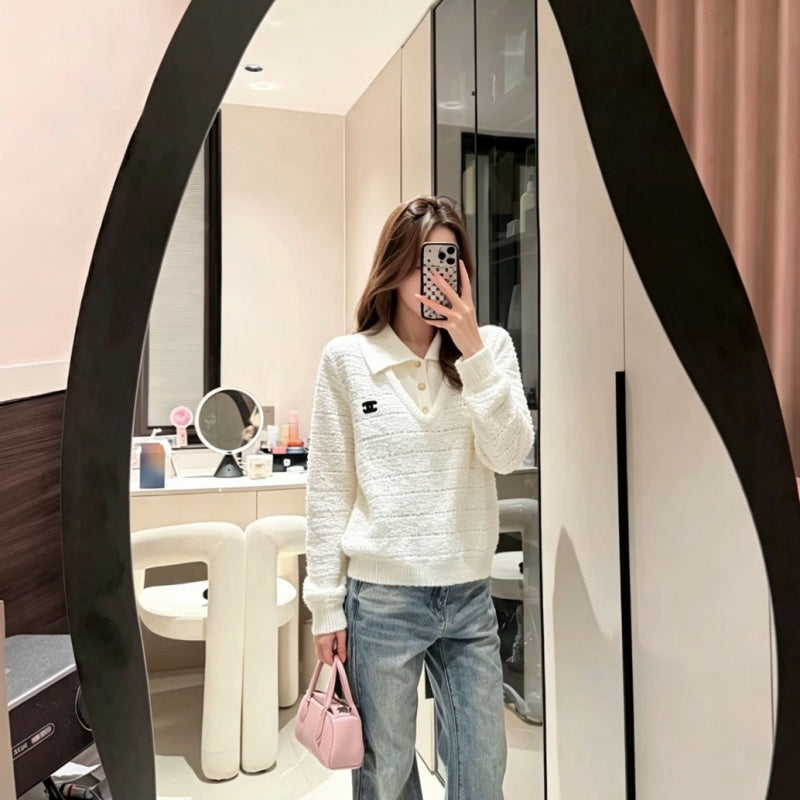 New Fashion Women CC Lapel Hollow Knit Sweater DM1326091818